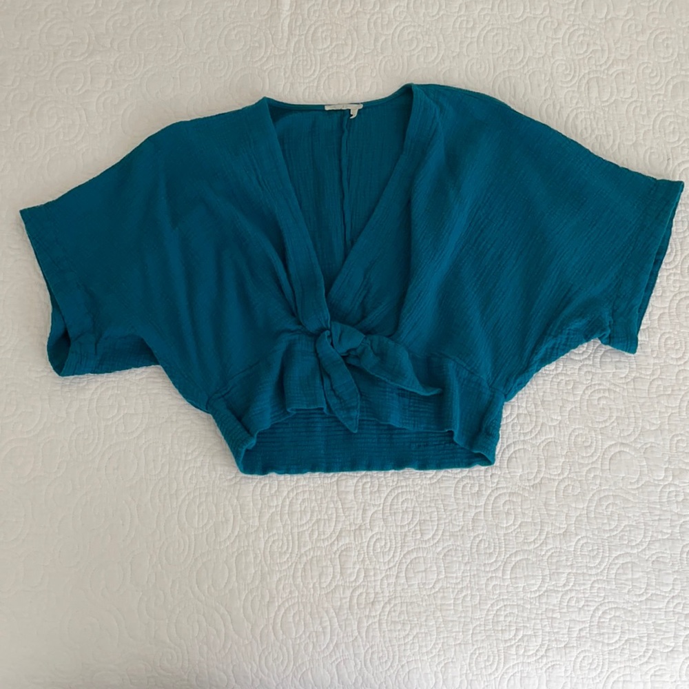 Anthropologie teal short sleeve tie at waist large